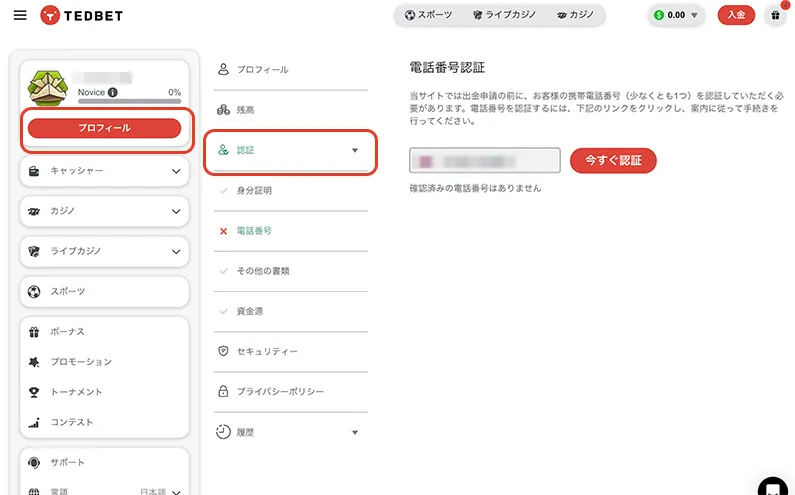テッドベットのKYC手順