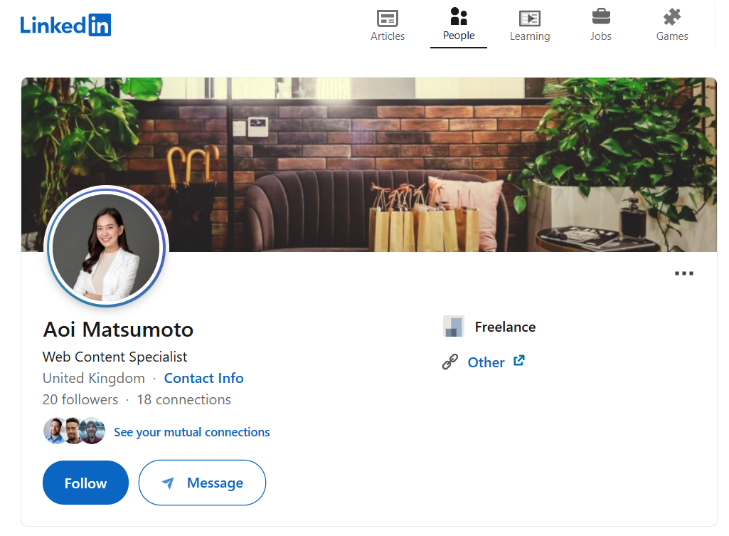 松本葵のLinkedinのプロフィールのスクリーンショット