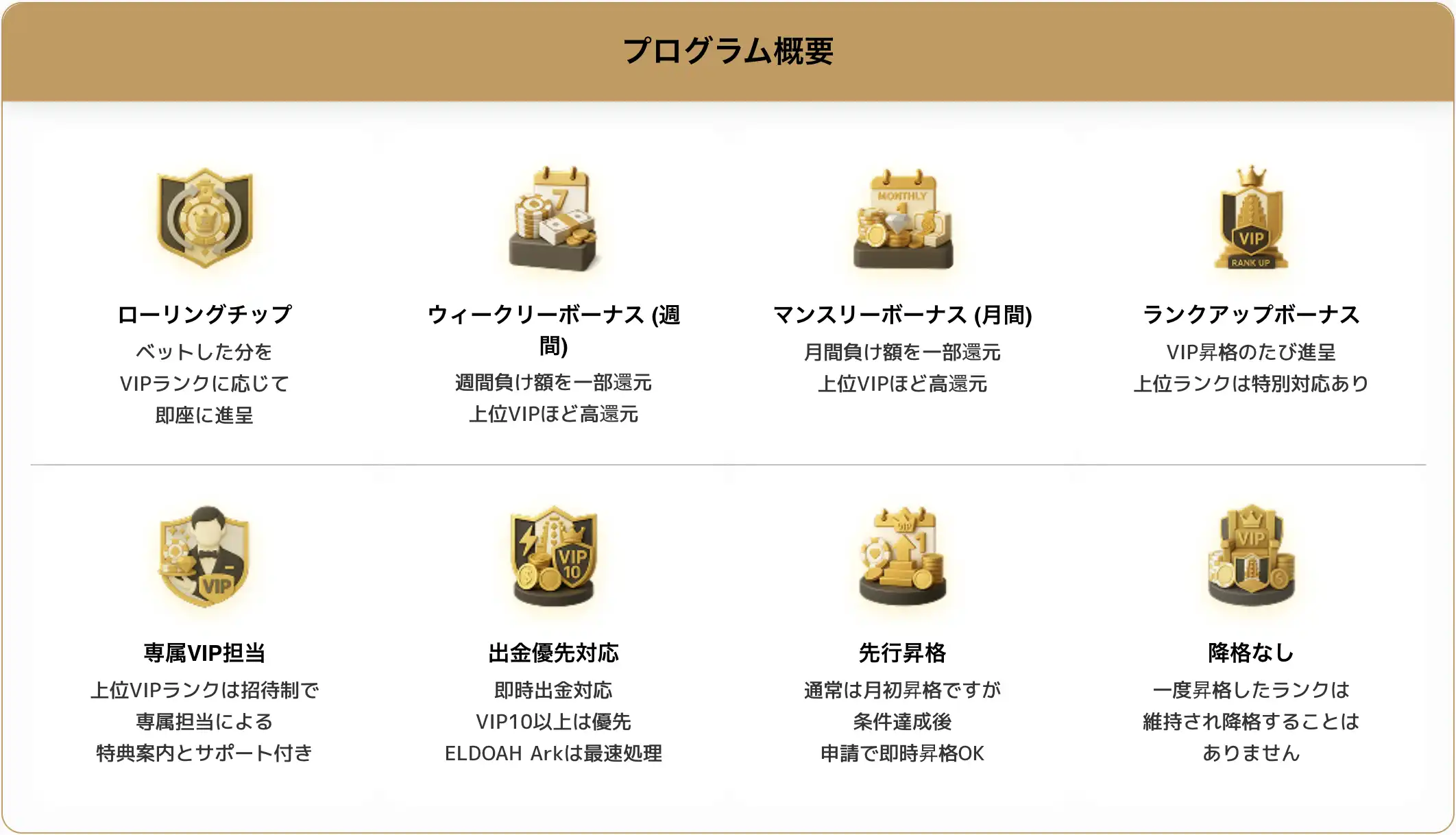 エルドアカジノVIPプログラムのプログラム概要