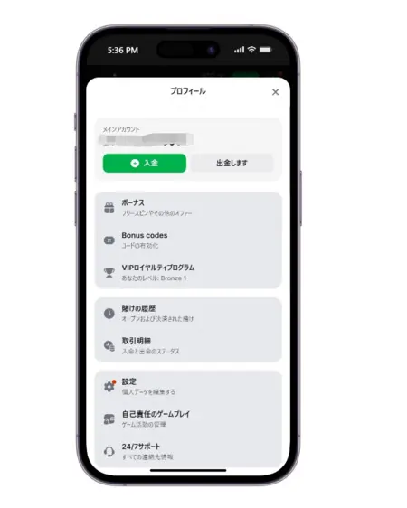 ワンウィン(1WIN)カジノ出金手順1